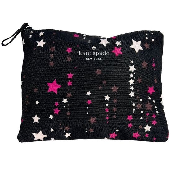 🎉HP🎊Kate Spade Large Canvas Cosmetic Zip Twinkle Star Pouch Black Pink Multi - Picture 4 of 11